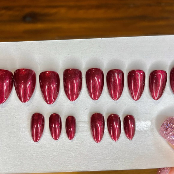 Red Shimmer Polished & Glazed Nails | Short Almond Press On Nails | Winter Mani - Picture 6 of 11